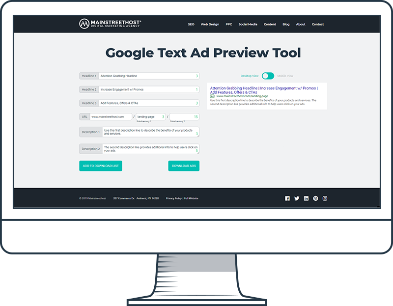 illustration of a computer monitor with the Google Text Ad Preview Tool page on-screen