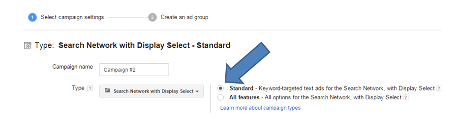 AdWords Search Network with Display Select AdWords Standard Display
