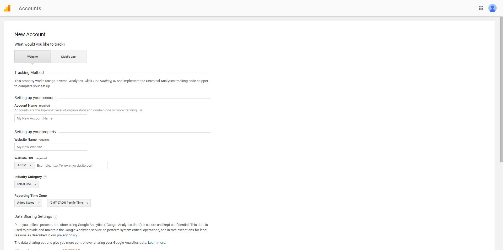 Google Analytics Account Setup Screen