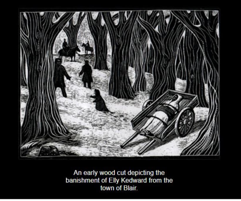 An early wood cut depicting the banishment of Elly Kedward from the town of Blair.