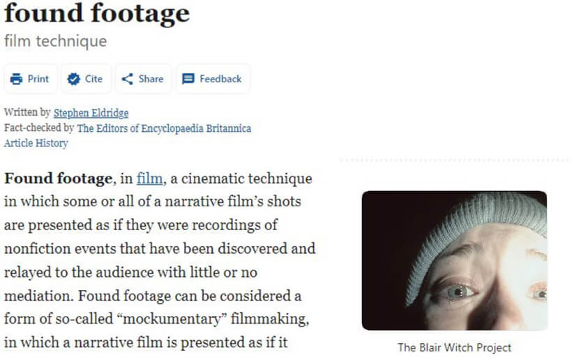 Found footage definition with the iconic image of Heather from The Blair Witch Project