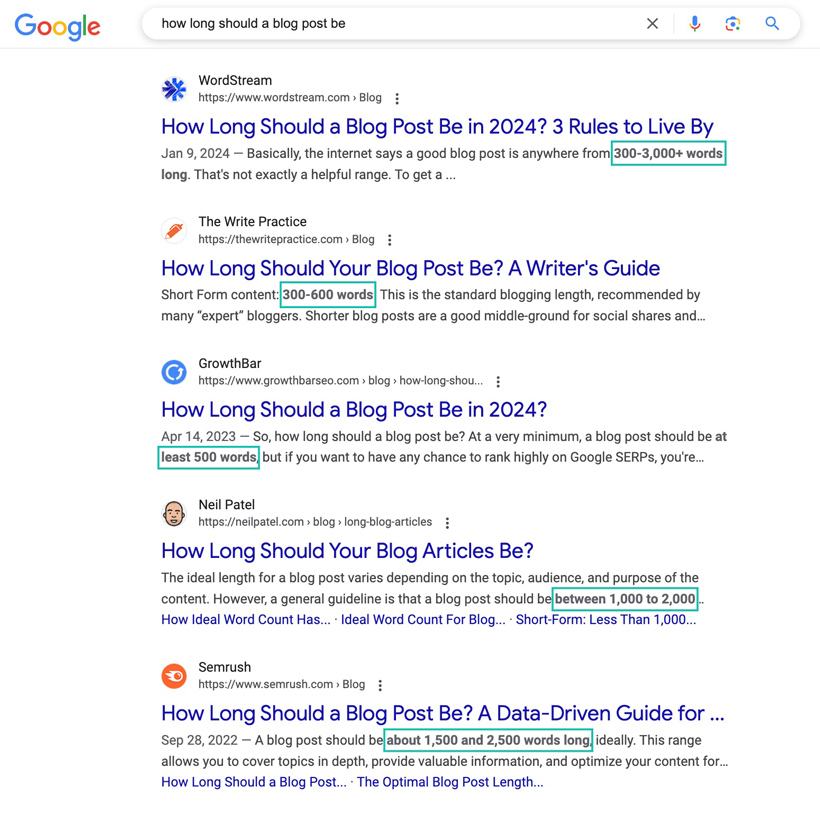 Google search results page for the query, "how long should a blog post be" with several articles siting several different answers ranging from 300 words to 3,000+.