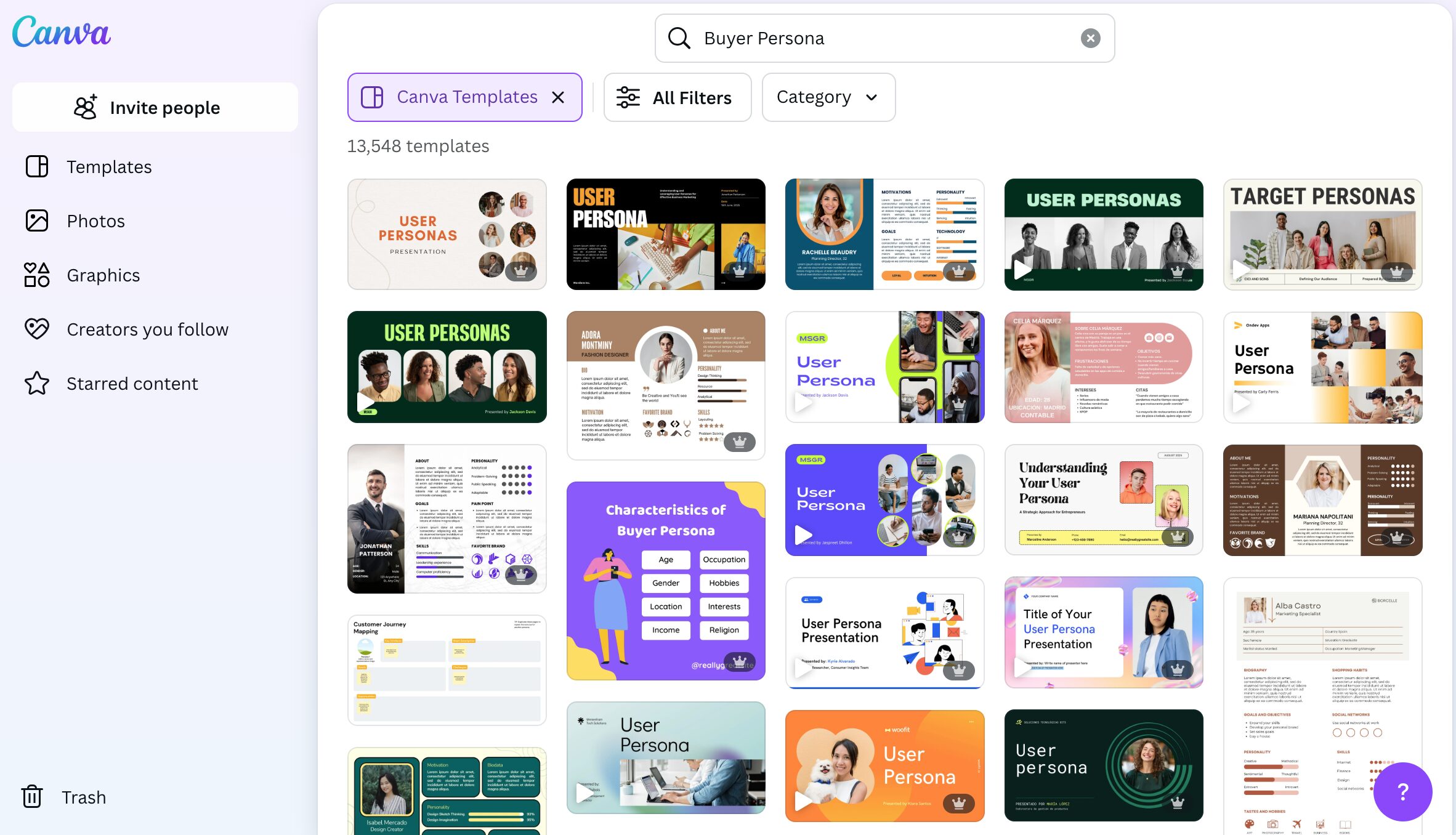Various user persona, target persona, and buyer persona templates in Canva. The templates are the result of searching "Buyer Persona" in the template search bar.