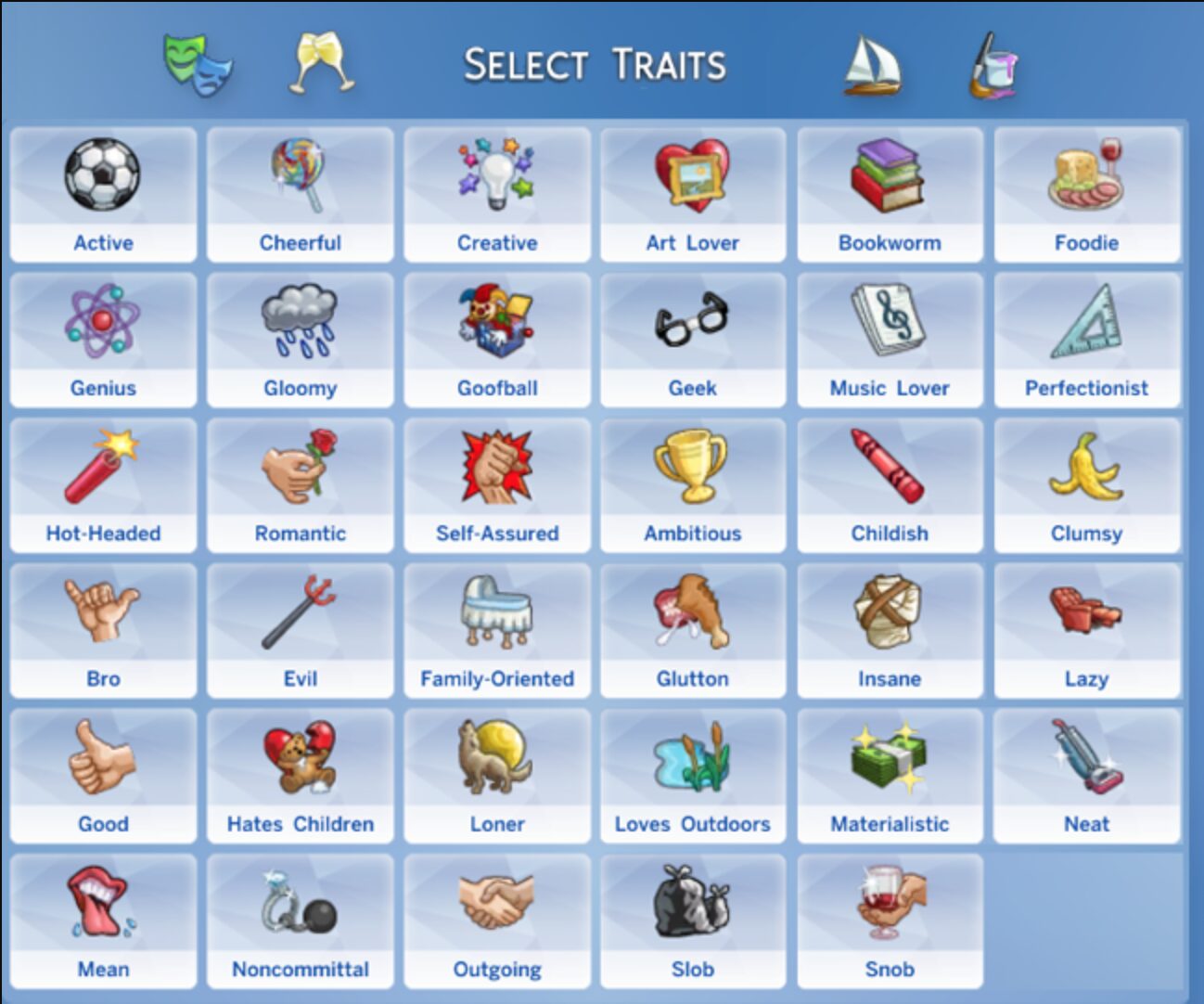 Screenshot from The Sims 4 Create-a-Sim screen showing a grid of personality traits for selecting a Sim's characteristics. The grid is titled “Select Traits” and includes corresponding icons and labels for traits.